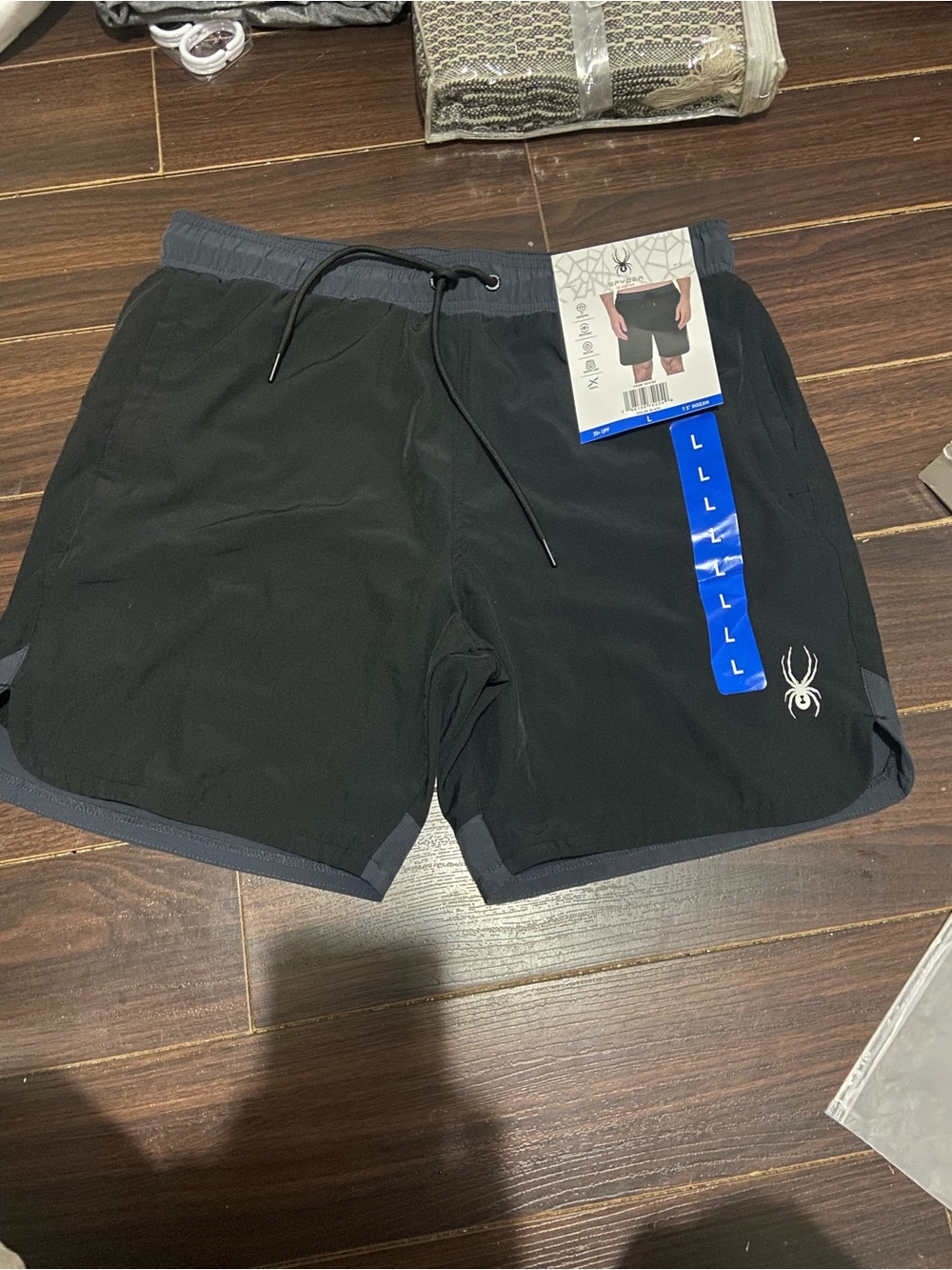 SPYDER Men's Swim Shorts Quick Dry UPF30 Zip Pocket Liner Trunk BLACK 7.5" LARGE